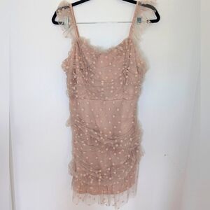 Sweet Lemon Polka Dot Ruched Ruffled Party Mini Dress Blush Pink Size L Wedding